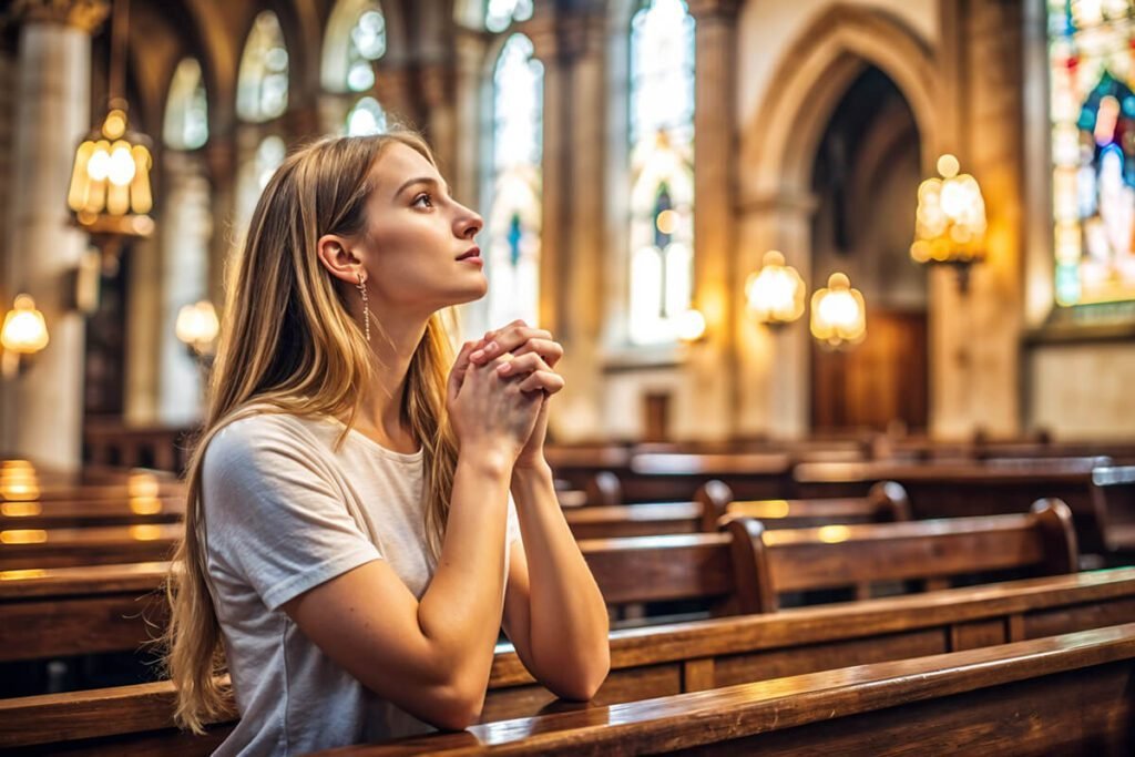 Young woman praying in a church pew