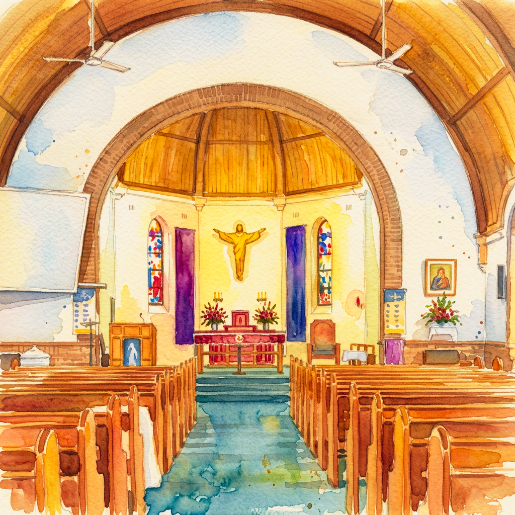Watercolour of the church interior and altar at St Patrick's, Wallsend