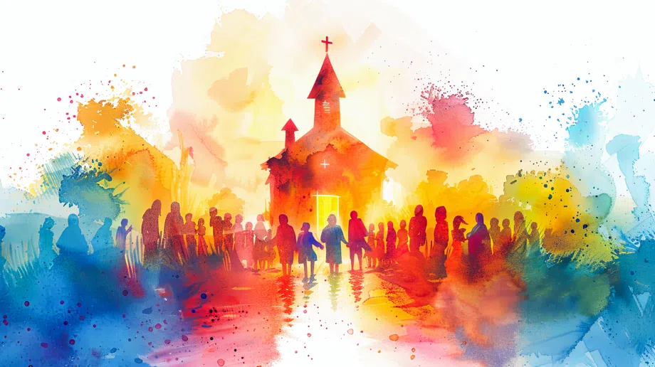 Watercolour of a church surrounded by a gathered community