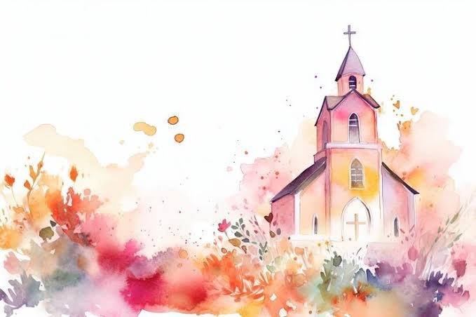 Watercolour of a small church among flowers