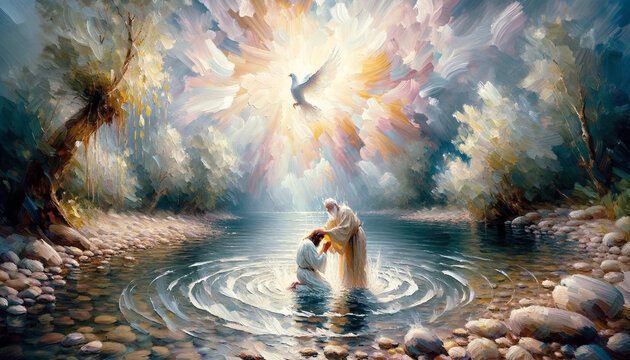 Baptism in a river as the Holy Spirit dove descends