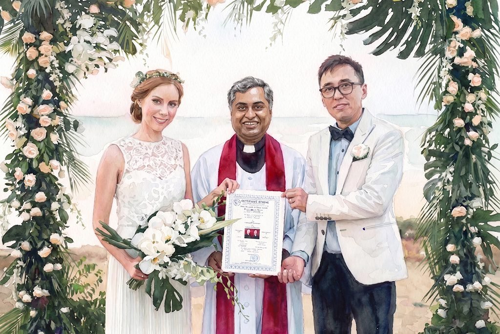 Newly married couple with the priest and their marriage certificate