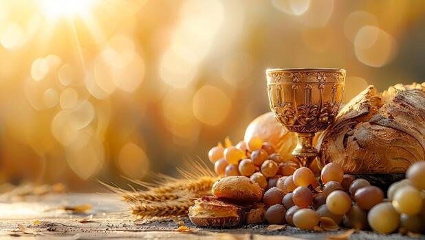 Chalice with bread and grapes for First Holy Communion