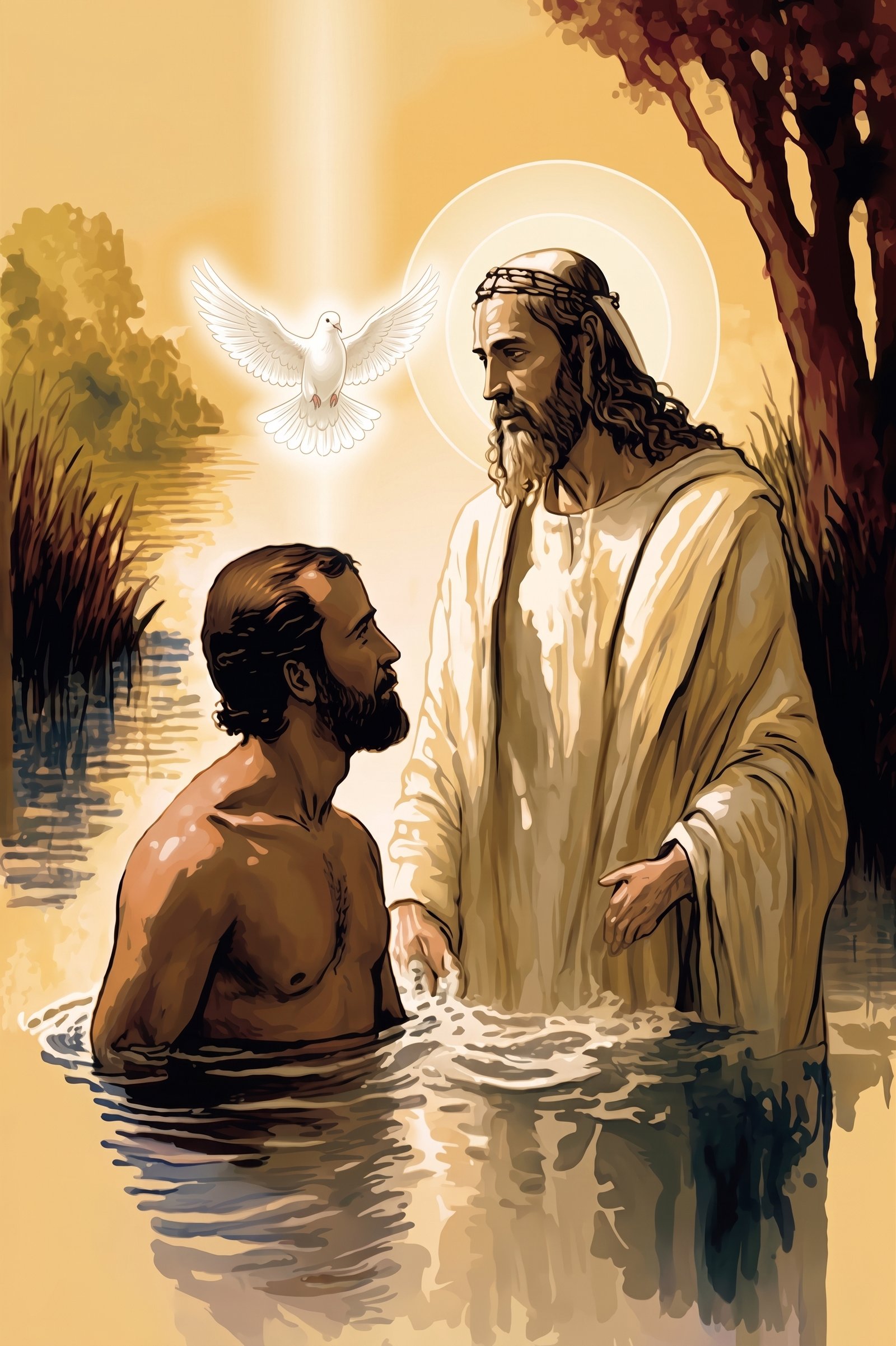John the Baptist baptising Jesus as the Holy Spirit descends