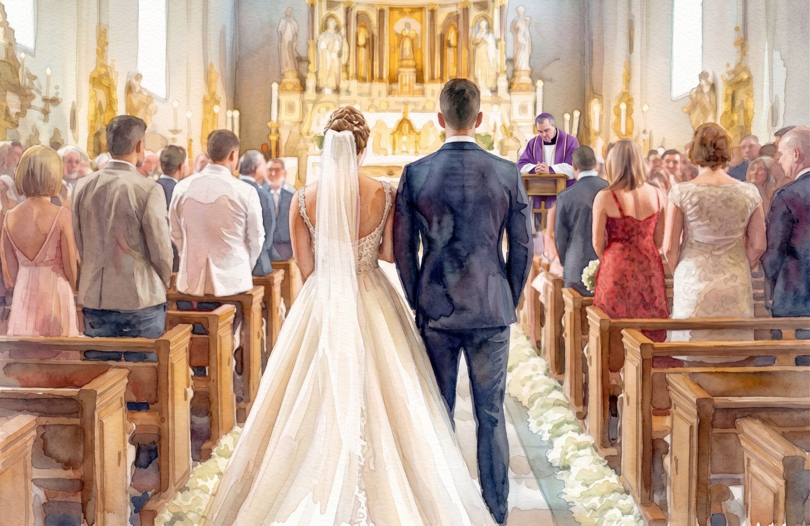 Bride and groom walking up the church aisle