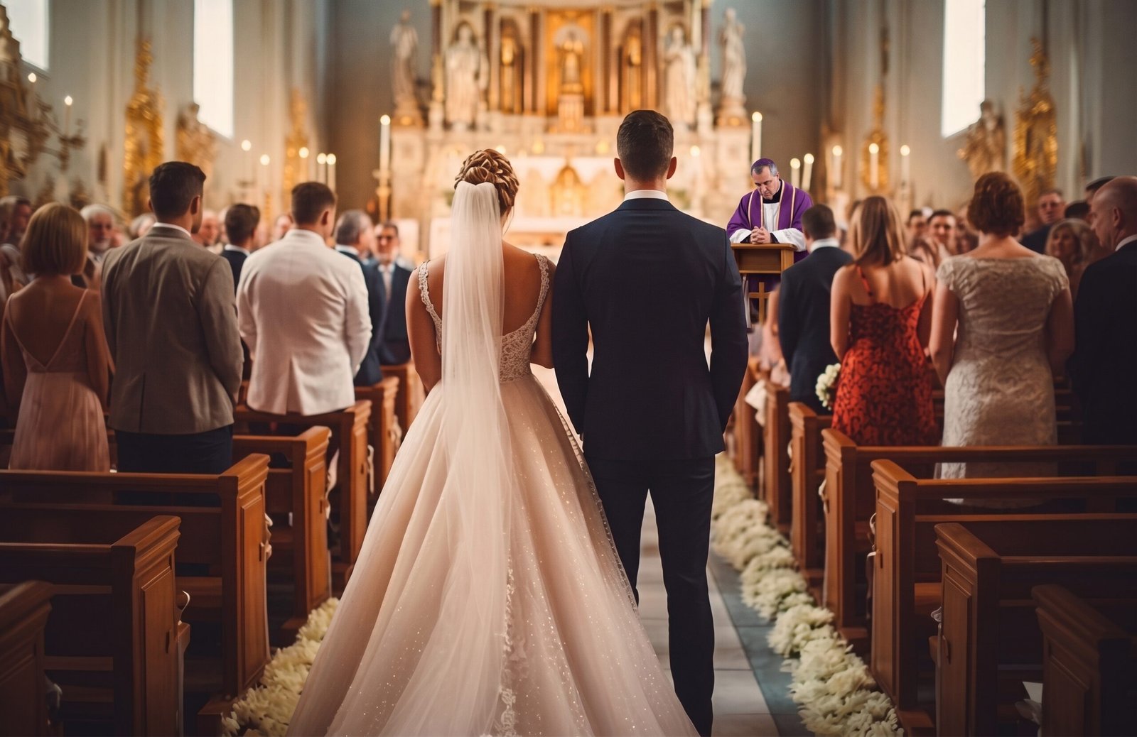 Bride and groom at the altar during a Catholic wedding
