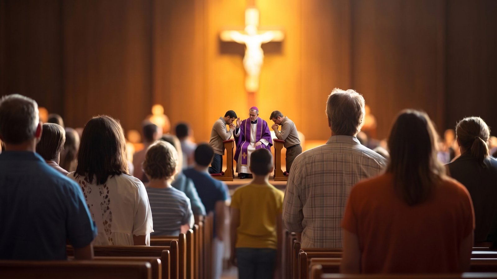 Parishioners at Mass before the crucifix