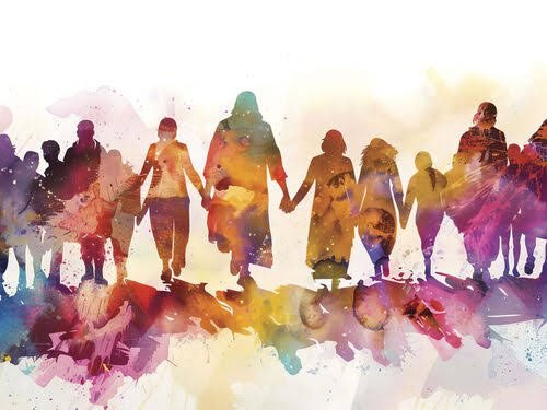 Watercolour of a parish community walking together hand in hand