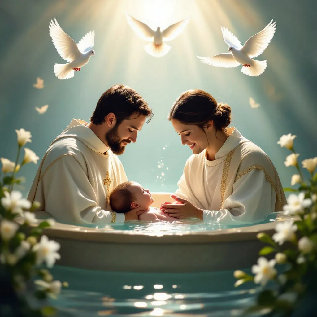 Parents baptising their baby in a font beneath doves