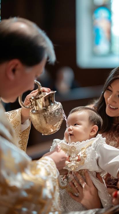 Priest pouring water over a baby at baptism