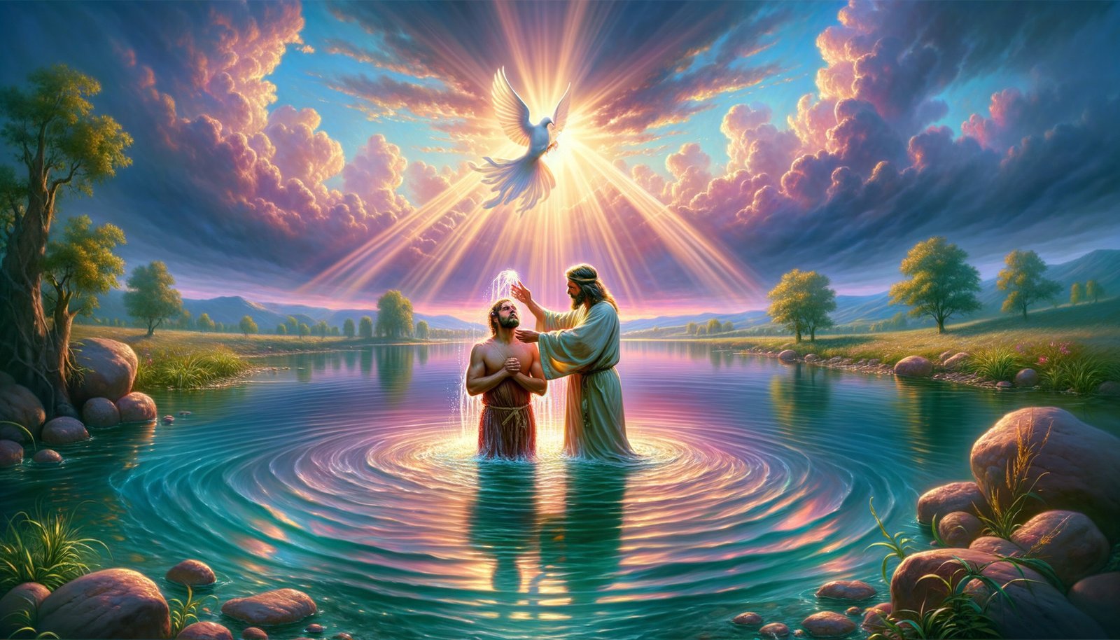 Baptism in a river under the light of the Holy Spirit