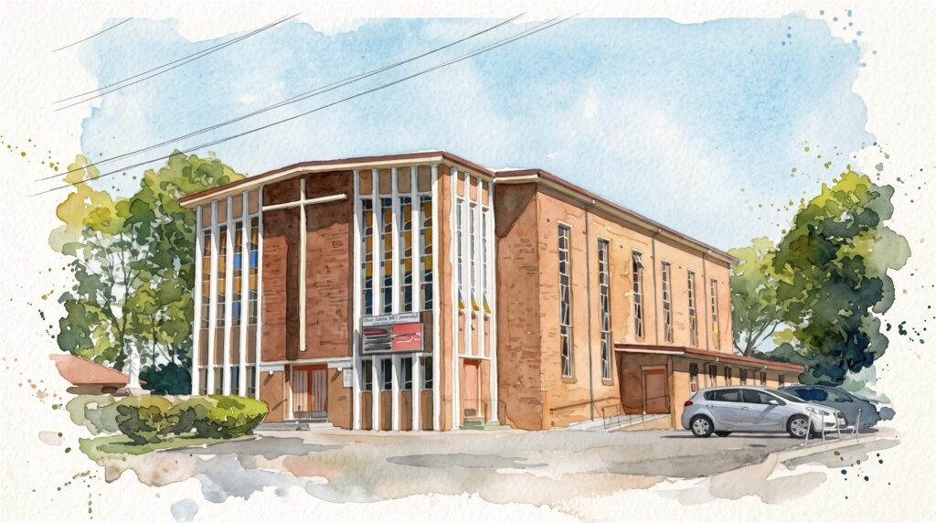Watercolour painting of Our Lady of Victories Catholic Church, Shortland